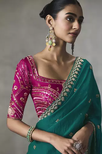 cyan silk blend sequince designer border party wear saree
