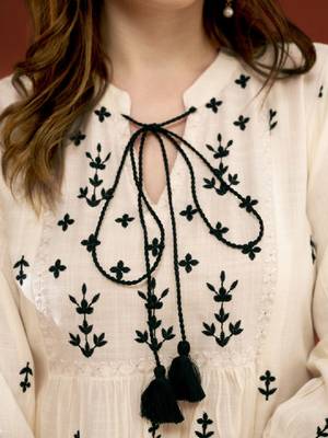 Women embroidered tie-up neck above knee kurta 2
