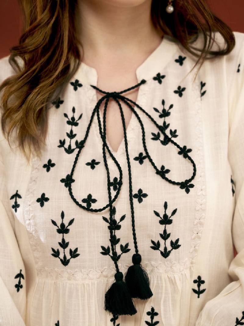 Women embroidered tie-up neck above knee kurta