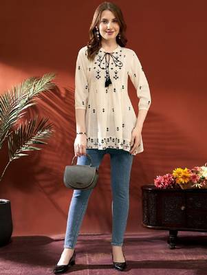 Women embroidered tie-up neck above knee kurta 3