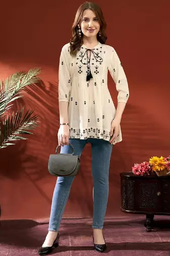Women embroidered tie-up neck above knee kurta