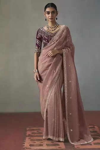 mauve silk blend sequince designer border party wear saree