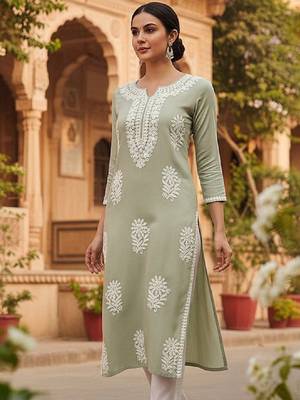 Floral embroidered notch neck chikankari straight kurta 1