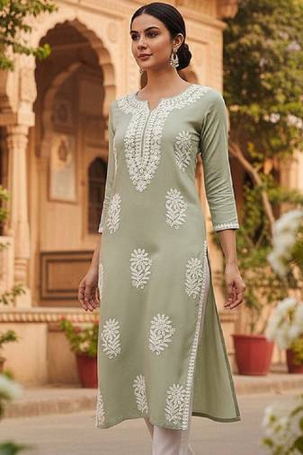 Floral embroidered notch neck chikankari straight kurta
