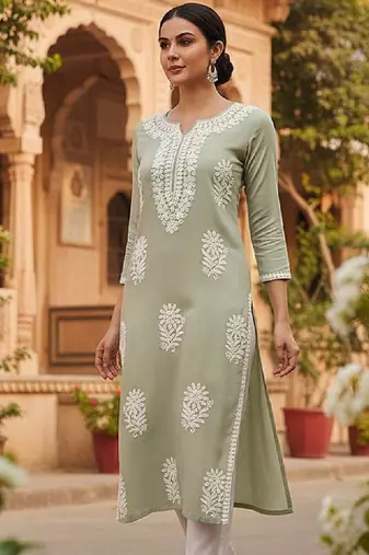 Floral embroidered notch neck chikankari straight kurta
