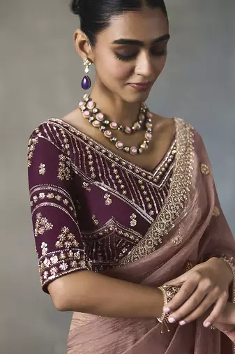 mauve silk blend sequince designer border party wear saree