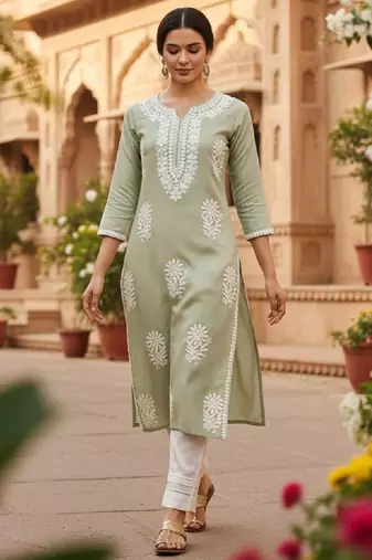 Floral embroidered notch neck chikankari straight kurta