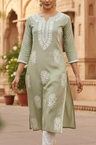 Floral embroidered notch neck chikankari straight kurta