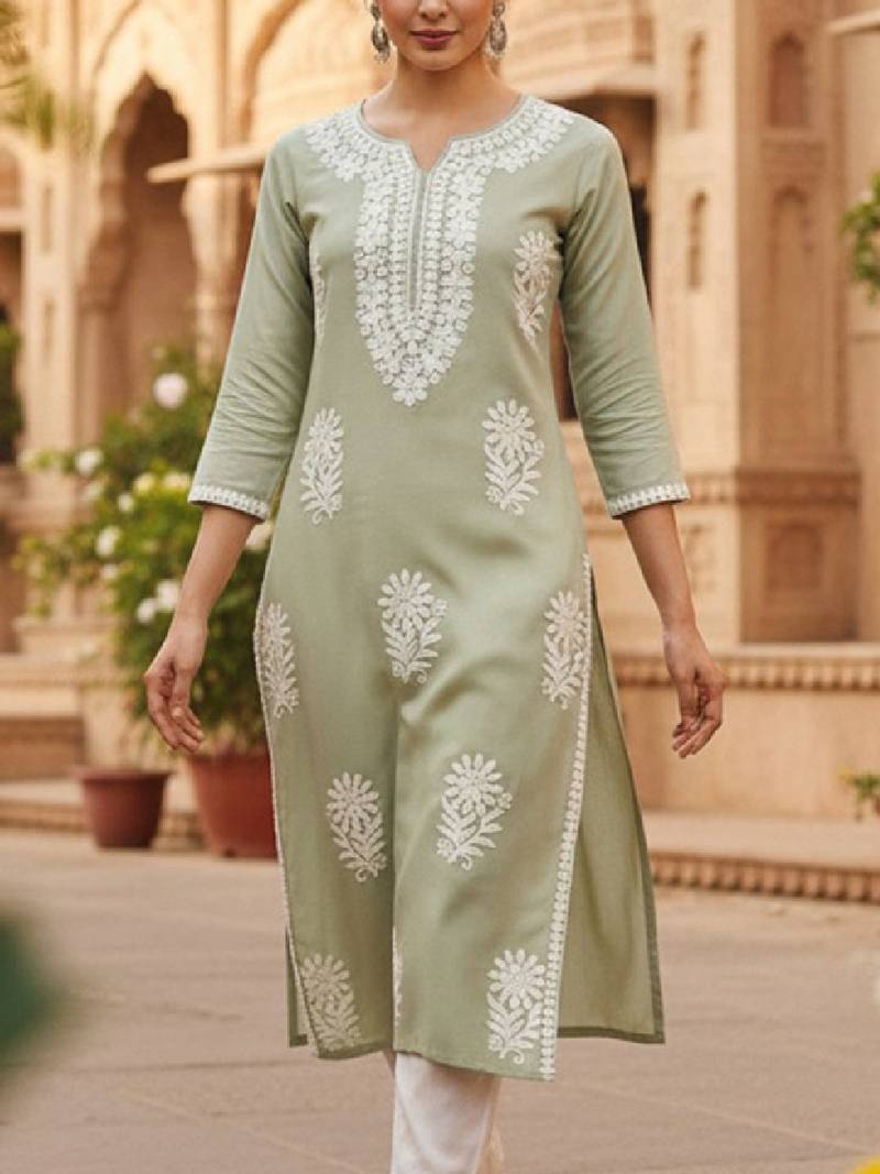 Floral embroidered notch neck chikankari straight kurta