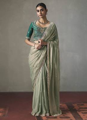 sage green silk blend sequince designer border party wear saree 1