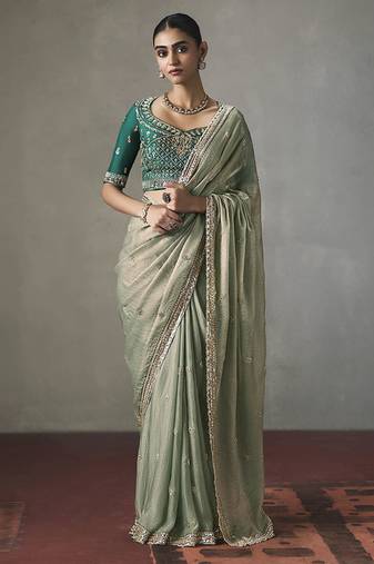 sage green silk blend sequince designer border party wear saree