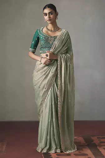 sage green silk blend sequince designer border party wear saree