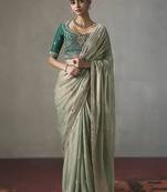 sage green silk blend sequince designer border party wear saree