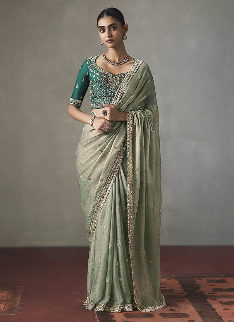 sage green silk blend sequince designer border party wear saree