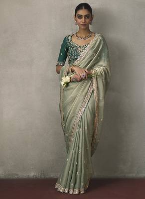 sage green silk blend sequince designer border party wear saree 2