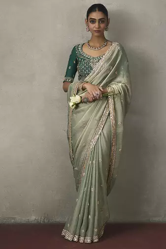 sage green silk blend sequince designer border party wear saree