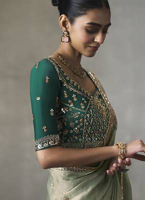 sage green silk blend sequince designer border party wear saree 3