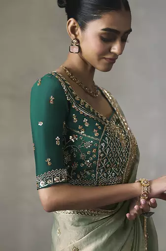 sage green silk blend sequince designer border party wear saree