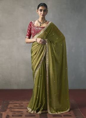 olive silk blend sequince designer border party wear saree 1