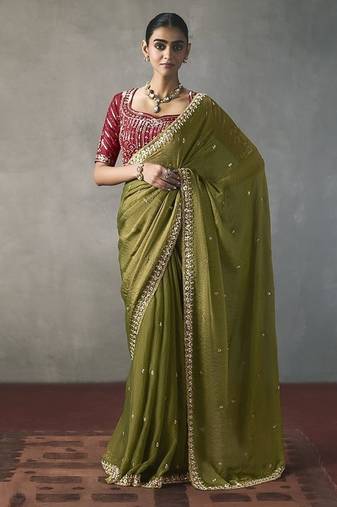 olive silk blend sequince designer border party wear saree