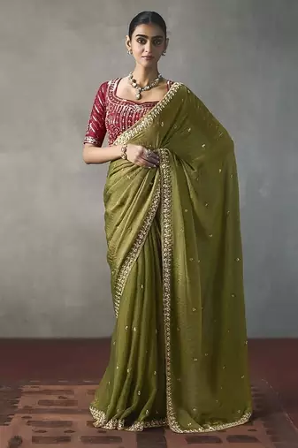 olive silk blend sequince designer border party wear saree