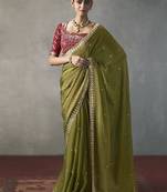 olive silk blend sequince designer border party wear saree