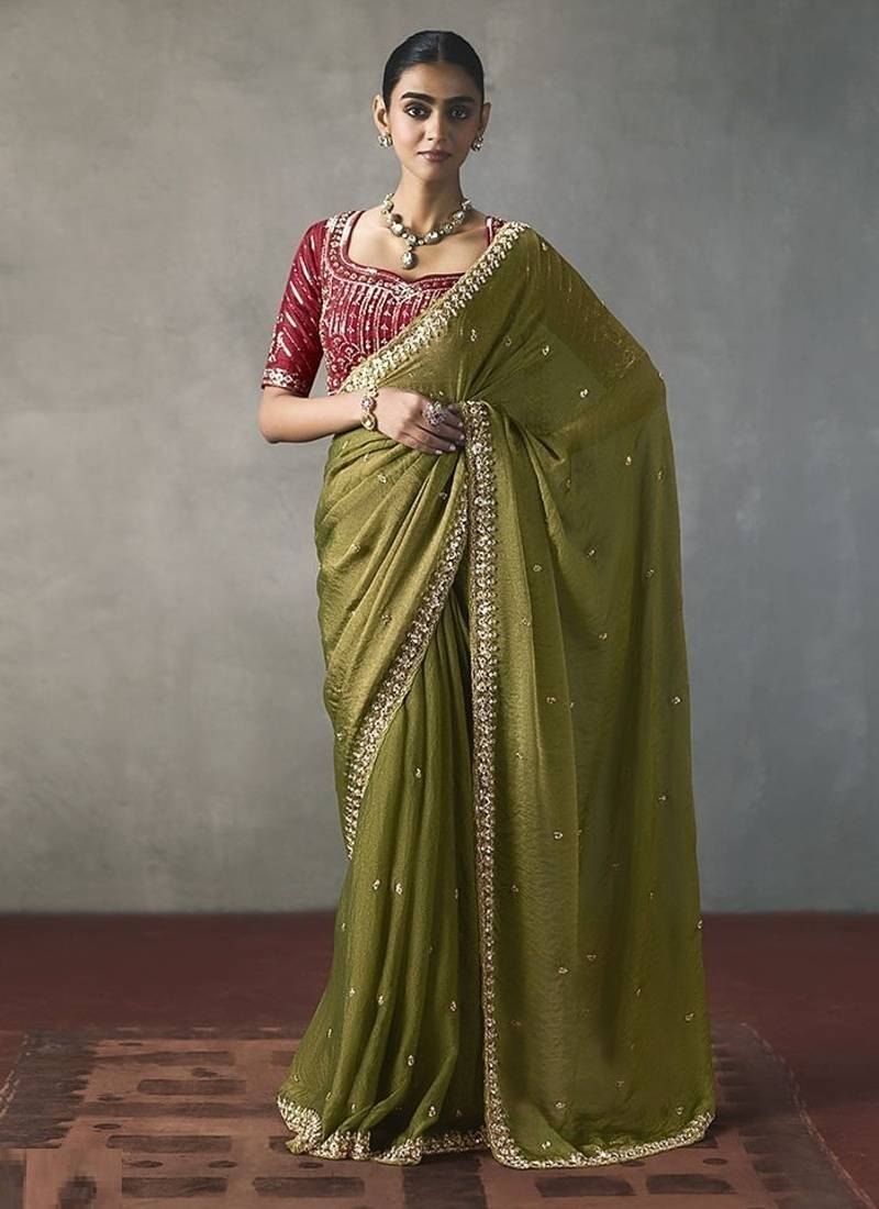 olive silk blend sequince designer border party wear saree