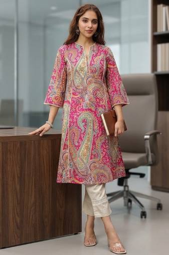 Women ethnic motifs printed flared sleeves mirror work kurta