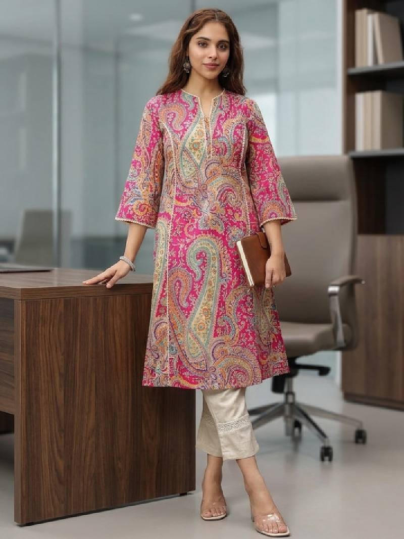 Women ethnic motifs printed flared sleeves mirror work kurta