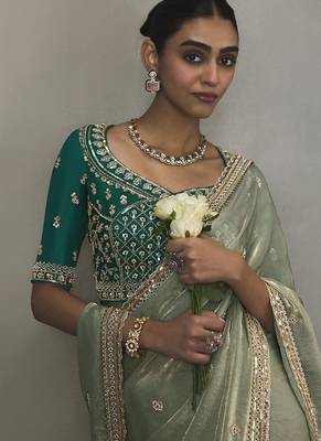 sage green silk blend sequince designer border party wear saree 4