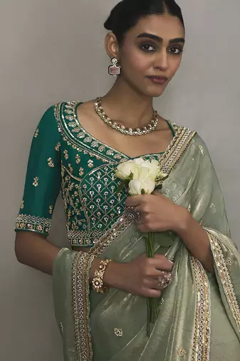 sage green silk blend sequince designer border party wear saree