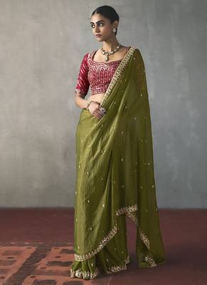 olive silk blend sequince designer border party wear saree 2