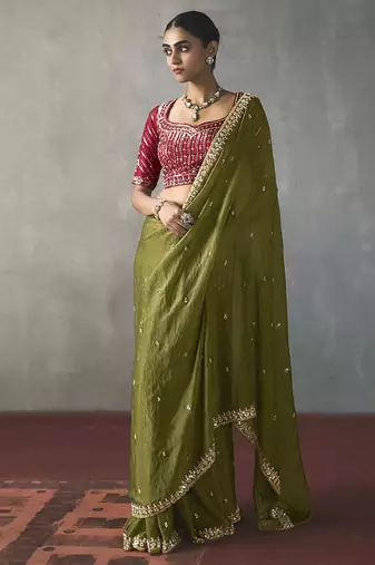 olive silk blend sequince designer border party wear saree