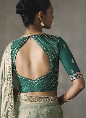 sage green silk blend sequince designer border party wear saree 5