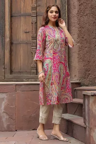 Women ethnic motifs printed flared sleeves mirror work kurta