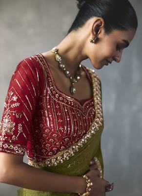 olive silk blend sequince designer border party wear saree 4