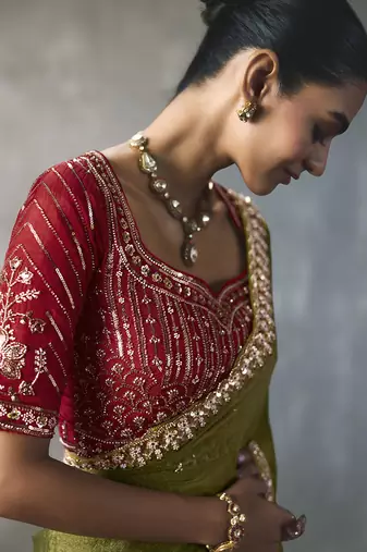 olive silk blend sequince designer border party wear saree