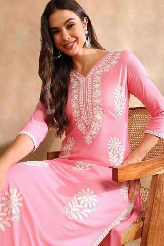 Floral embroidered notch neck chikankari straight kurta