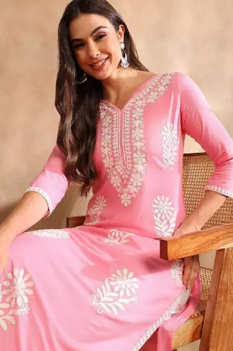 Floral embroidered notch neck chikankari straight kurta