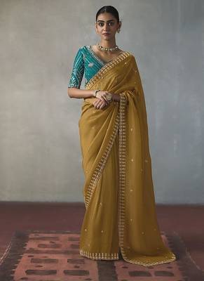 mustard silk blend sequince designer border party wear saree 1