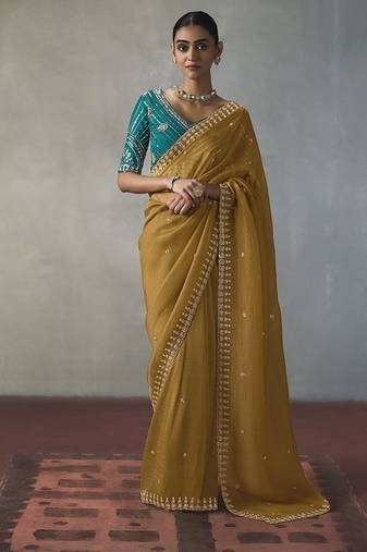mustard silk blend sequince designer border party wear saree