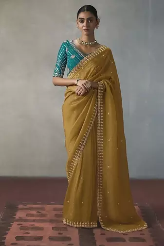 mustard silk blend sequince designer border party wear saree