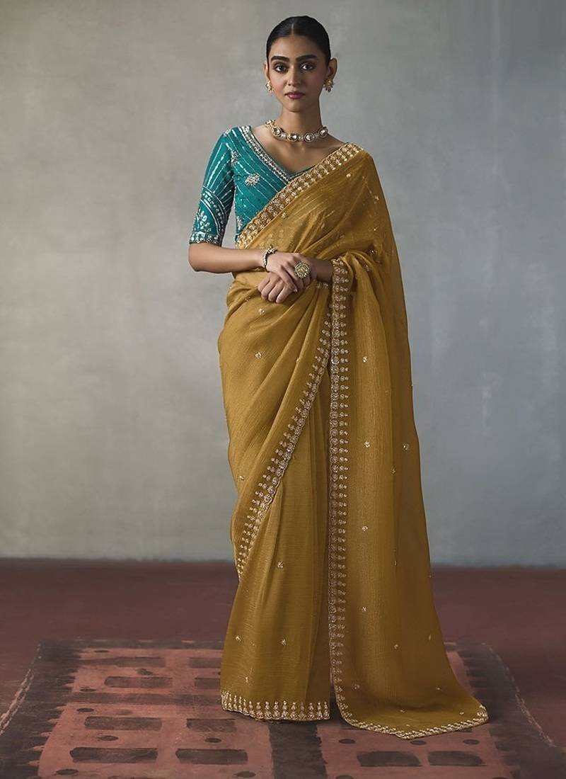 mustard silk blend sequince designer border party wear saree