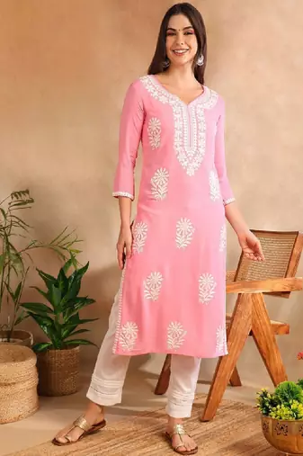 Floral embroidered notch neck chikankari straight kurta