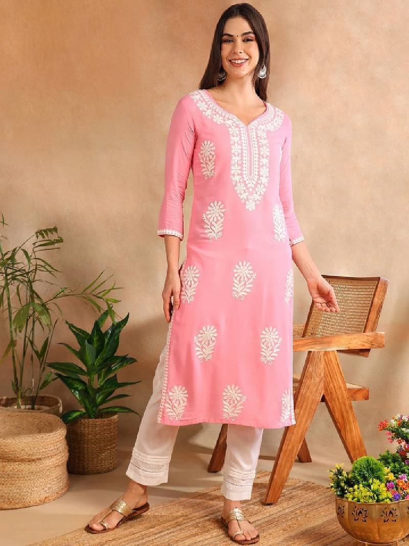 Floral embroidered notch neck chikankari straight kurta