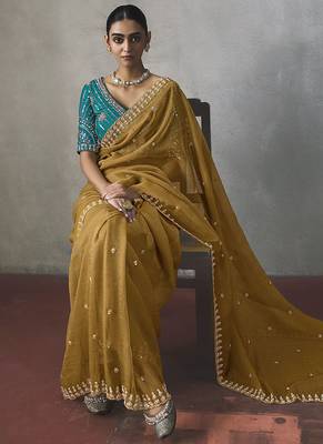 mustard silk blend sequince designer border party wear saree 2