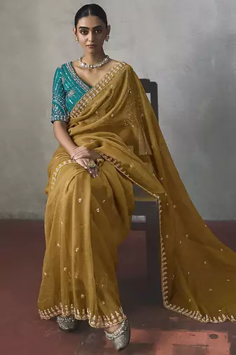 mustard silk blend sequince designer border party wear saree