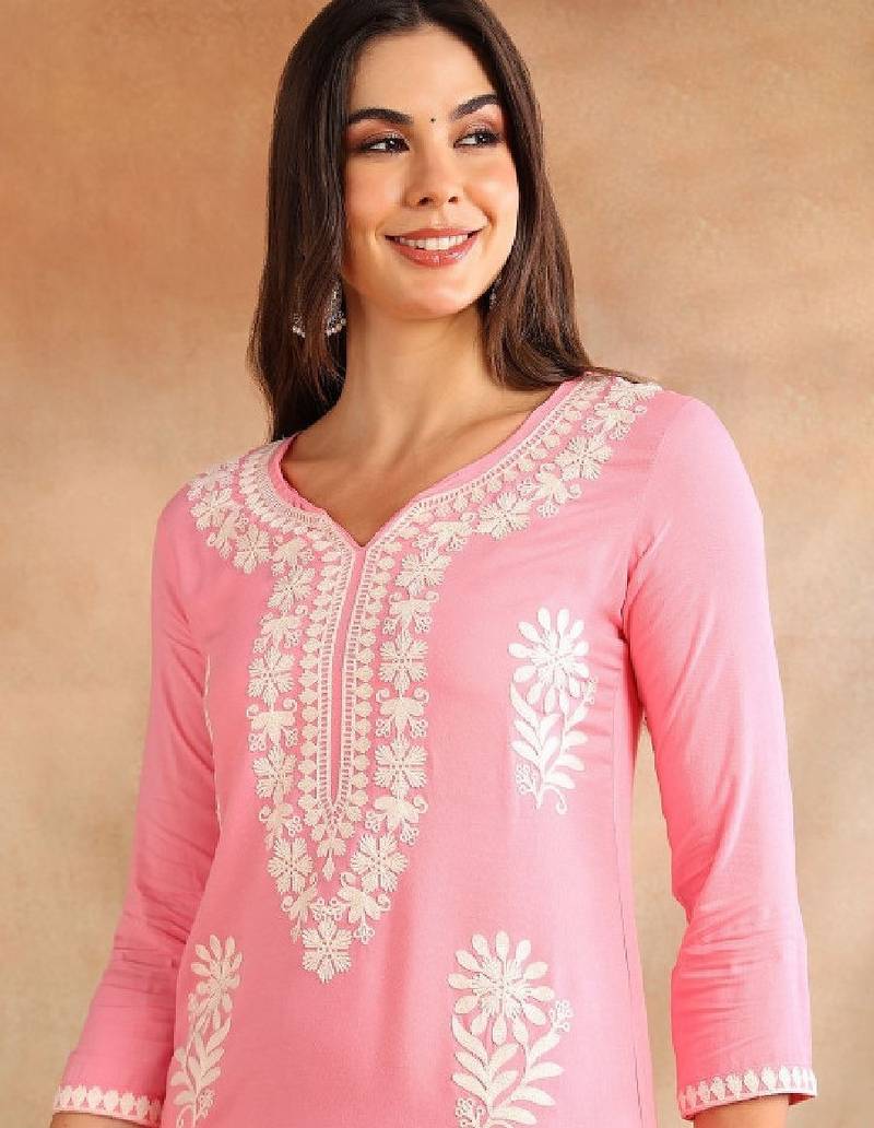 Floral embroidered notch neck chikankari straight kurta