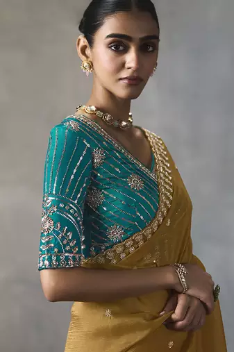 mustard silk blend sequince designer border party wear saree