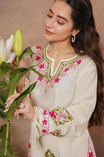 White falak kashmiri embroidered flared sleeves thread work cotton straight kurta